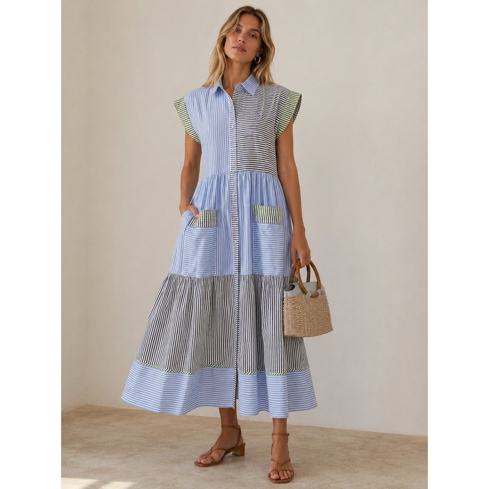 Hunter Bell M Patchwork Stripe Midi Shirt Dress Cotton Blend Pockets Blue Green